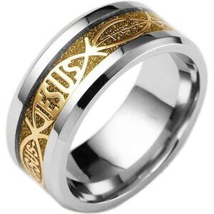 Tungsten Steel Carbide & Gold Jesus Carbon Inlay Statement Band Ring